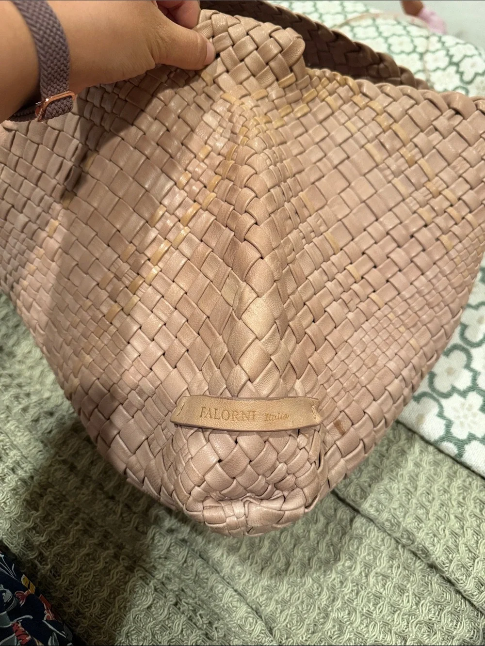 FALORNI Italy Woven Leather Shoulder Bag in Dusty Rose